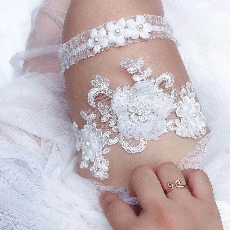 2Pcs/Set Womens Bridal Stretch Wedding Thigh Rings Embroidery Flower Faux Pearl Rhinestone Jewelry Prom Party Leg Garter