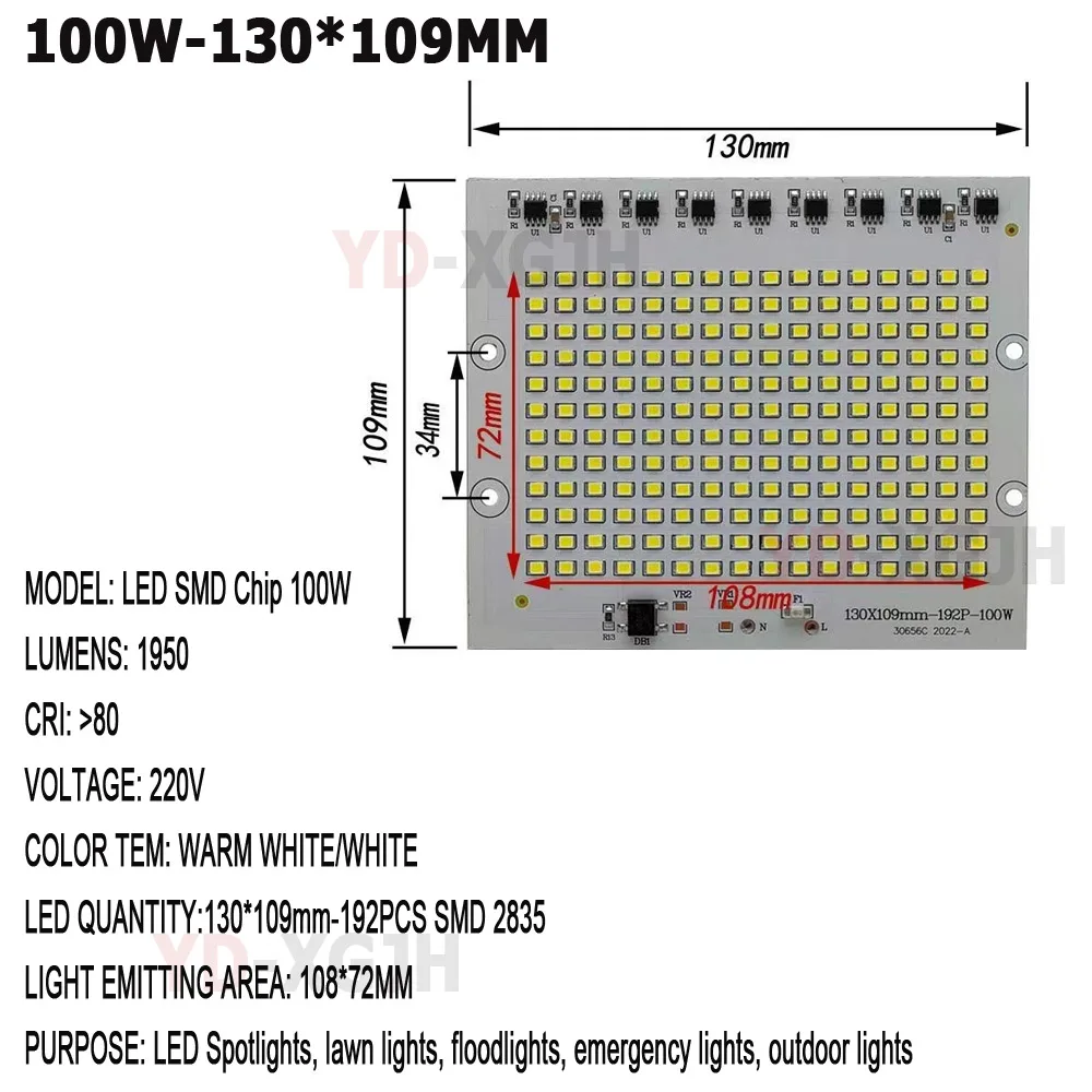 With wire AC220V IC Driver LED PCB LED Floodlight Module Aluminum Plate White 6000K SMD 2835  For 20W 30W50W100W Lamps