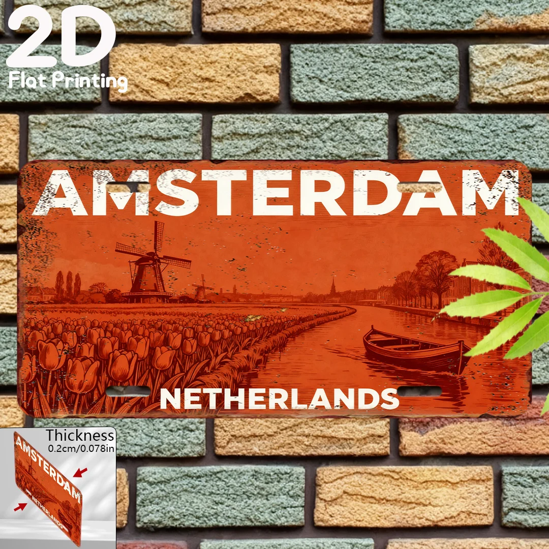2D Flat - 1pc Retro Amsterdam Netherlands Metal Sign | Vintage City Map Sign with Iconic Canals & Dutch Houses, 2D Flat, Easy Mo
