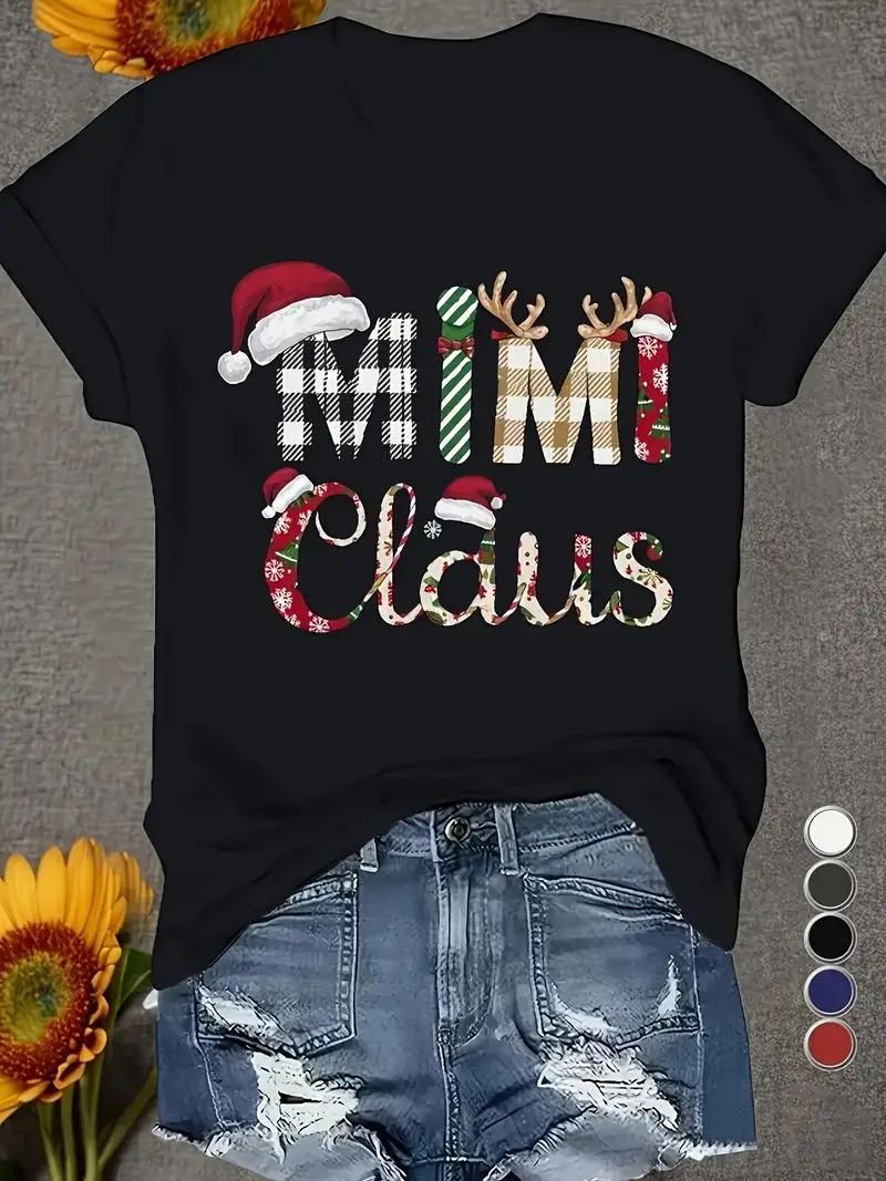 Plus Size, Women's Plus Size Christmas 'MIMI Claus' T-Shirt - Festive Santa Hat & Reindeer Antlers Design, Soft Crew Neck Short Sleeve Top, Machine Washable Suitable for Parties, Casual Wear, Spring Summer Season Outfits