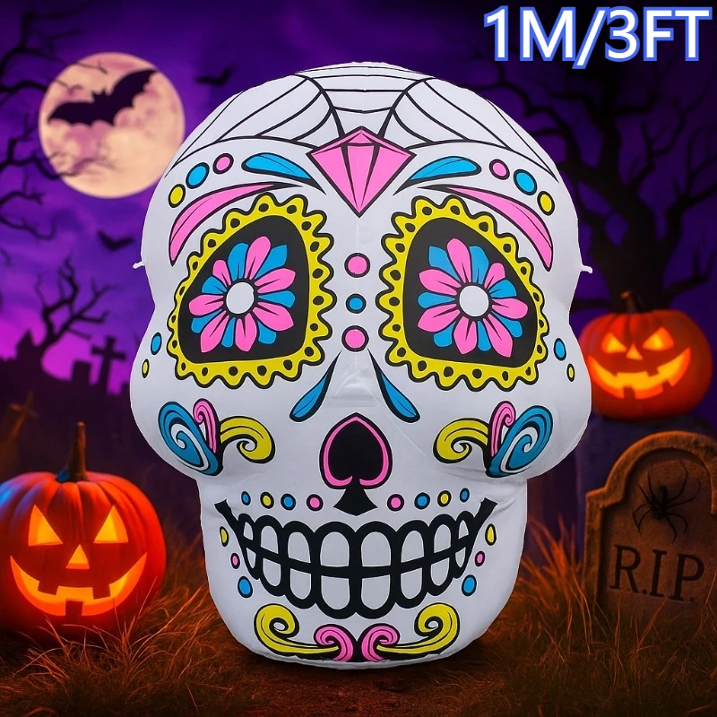 3FT هالوين لعبة قابلة للنفخ السكر الجمجمة الزينة تفجير LED لوازم الديكور لحديقة ساحة الحديقة داخلي في الهواء الطلق حفلة المنزل