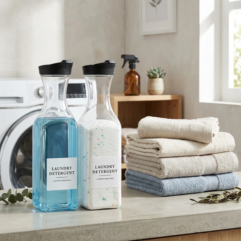 2 distributeurs de lessive liquide avec étiquette pour l'organisation de la buanderie