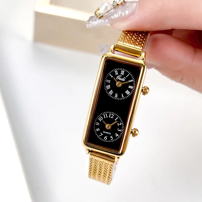 CQ549 New Leisure Creative Dual Movement Women's Watch Retro Rectangular Dual Time Zone Quartz Watch Light Luxury Clock Gift view 3
