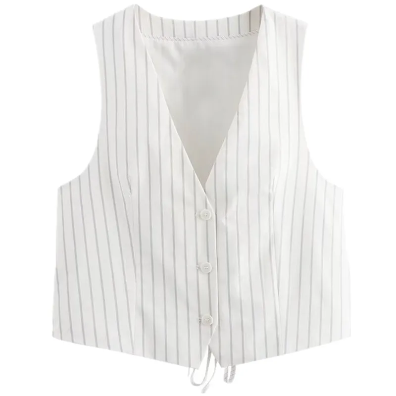 Slimming Versatile Striped Svel V-Ne Vest New Arrival Women's Faion 2024 Autumn Season All-Match Single Button Closure