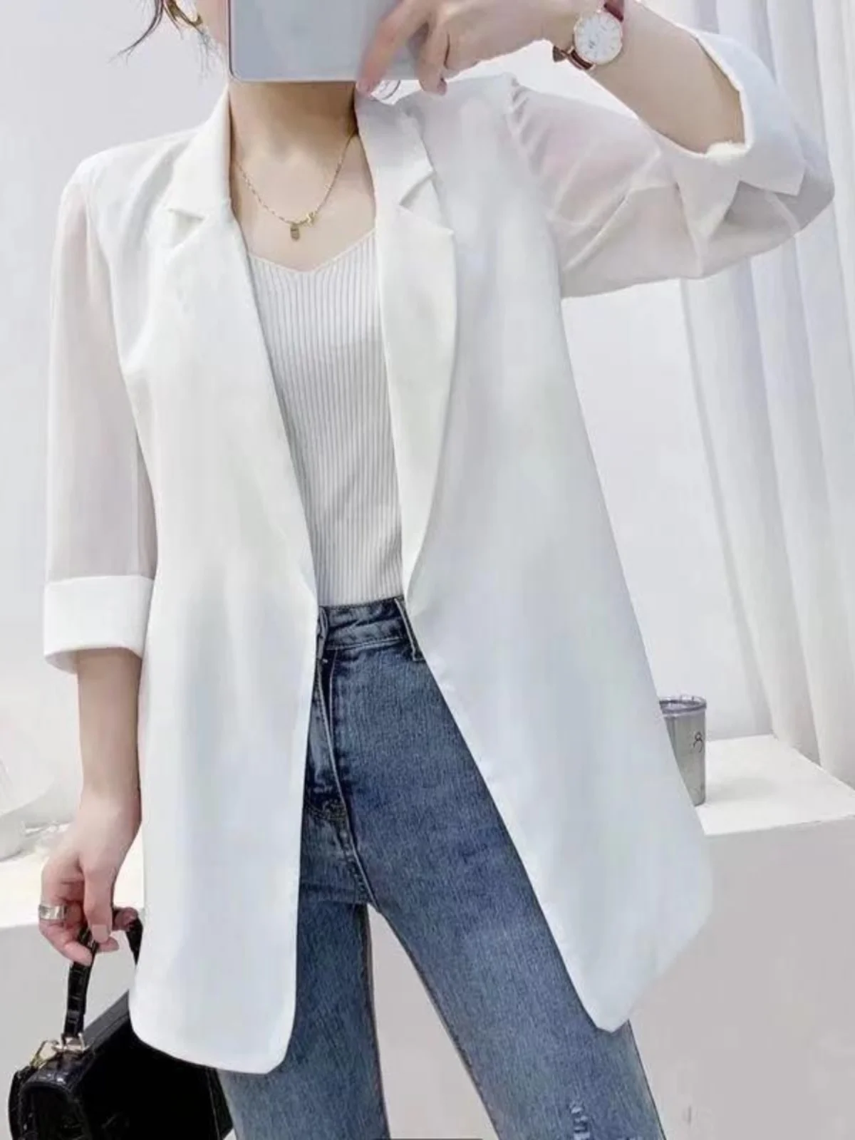 

Elegant White Chiffon Women's Thin Draped Casual Spring Summer Loose Outerwear Korean Style Commute Fashion