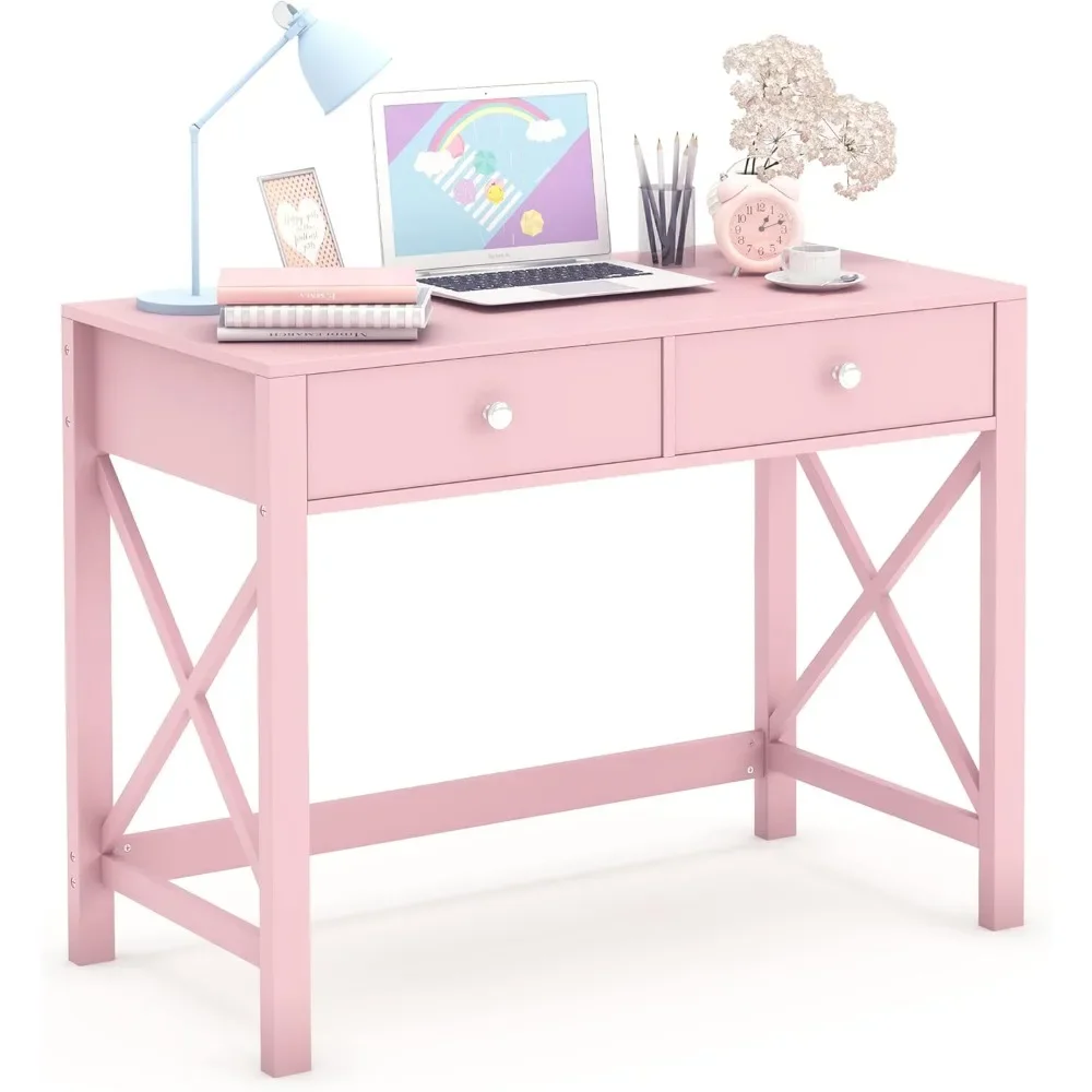 

Home Office Desk with Drawers, Modern Writing Computer Desk for Bedroom, Small Pink Makeup Vanity Table Desk for Girls