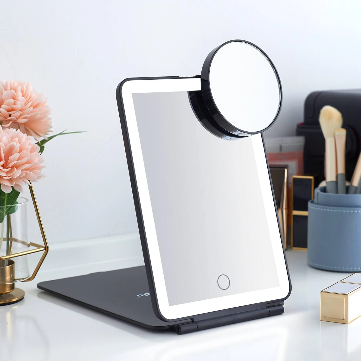 

Foldable LED Tabletop Makeup Mirror - Portable and Convenient for Travel, Cosmetic, and Office Use - 7x9 inches with 3 Colors Li