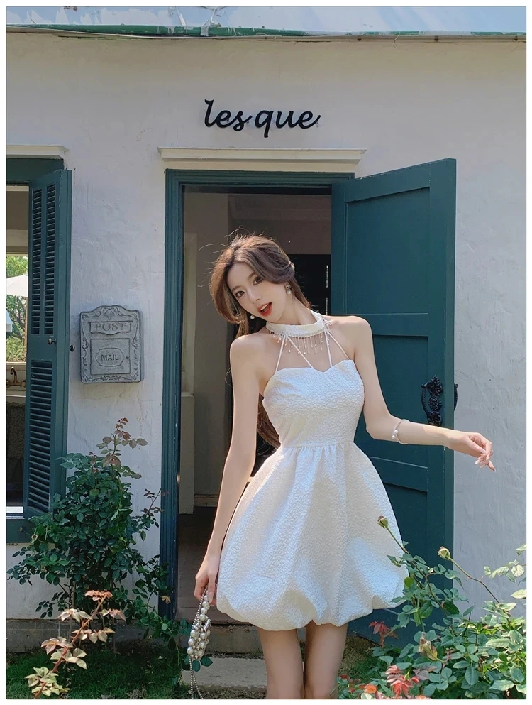 

MIni Vestidos Summer White Dress Women Sleeveless Shoulder Chain Sexy Korean Simple Temperament 2023 Female Clothing Miniskirt