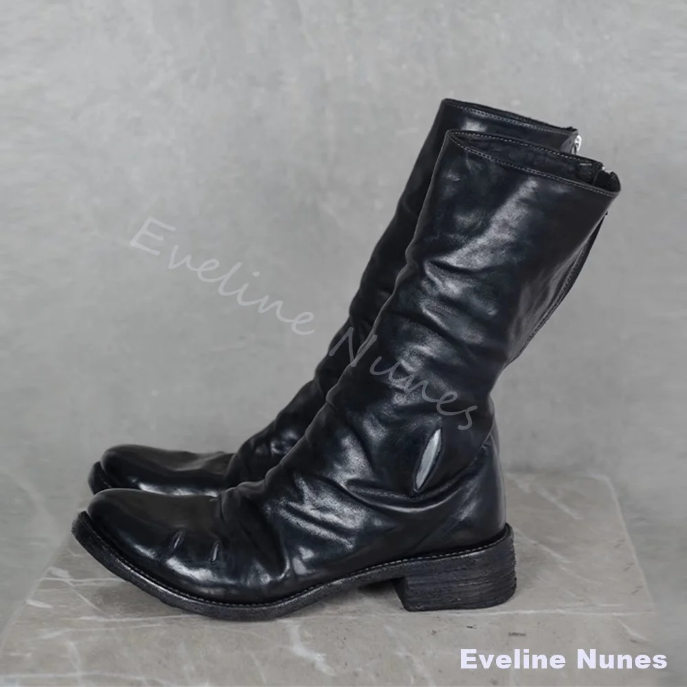 Dark Vanguard Mid Calf Boots Men British-style Height-increasing Motorcycle Boots Gothic Distressed Street Ruched Leather Boots
