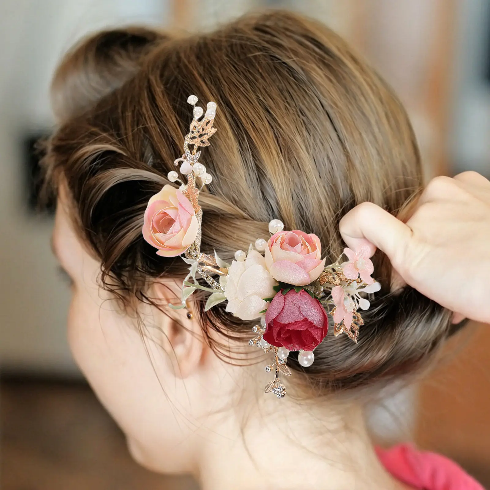 4Pcs Rose Flower Hairpin Handmade Fabric Crystal Bridal Hair Clips Elegant Wedding Bride Bridesmaid Accessories Decorative