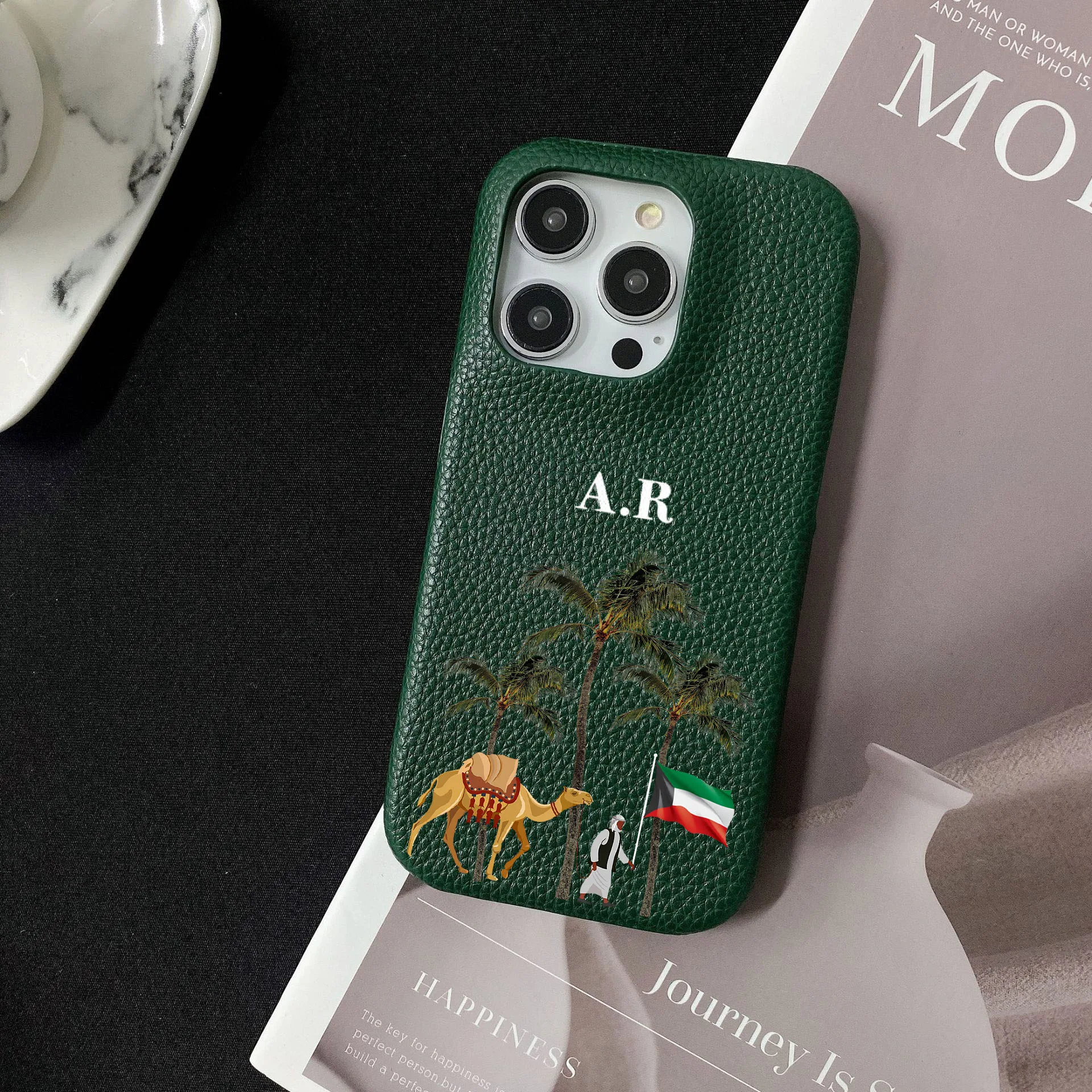 Kuwait Personalised Customized Name Leather Case For iPhone 16 15 14 13 12 11 Pro Max Initials Letters kafr saya Cover