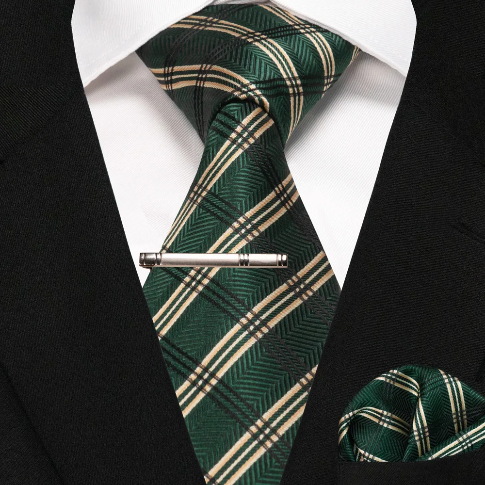 Grün Schwarz Plaid Streifen Krawatte für Männer Mode Seide Hochzeit Krawatte Einstecktuch Manschettenknopf Set Geschenk Herren Krawatte Business Party Zubehör – Detail 23
