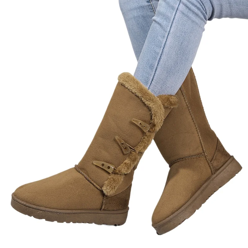 

Women Snow Boots Winter Mid-calf Boots Warm Cotton Shoes Fashion Solid Color Button Ladies Brown Long Boots Plus Size 41