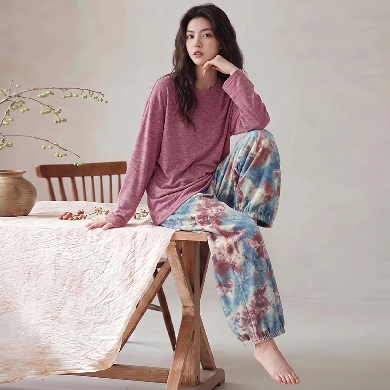 Women's pajamas Autumn and Winter 2026 New Style Velvet Warm Double-sided Brushed Thin Fleece Cartoon Wide-leg Pants Home Wear S