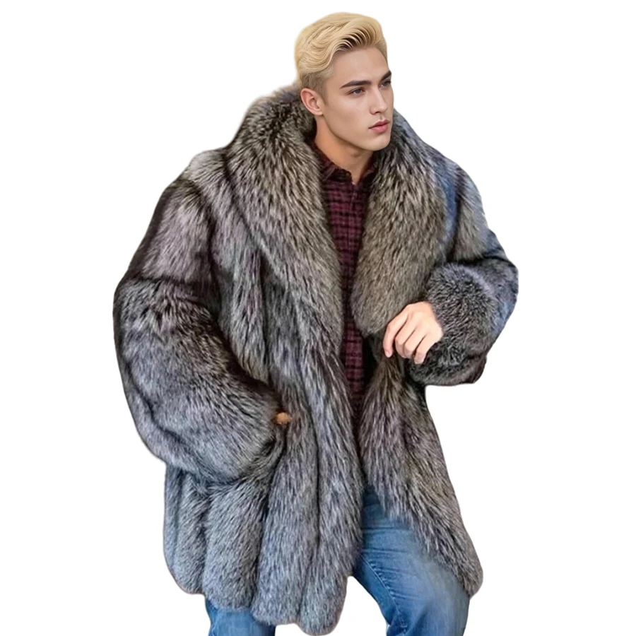 

Silver Fox Fur Mens Coat Real Fur Coat Long Fox Fur Coats Winter Men's Jackets 2024 High Quality Luxury