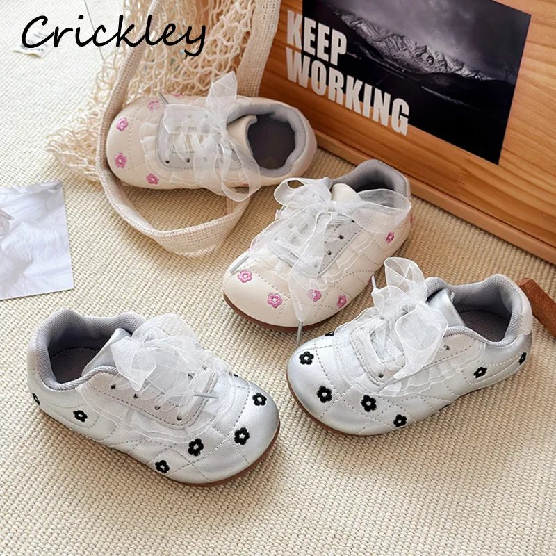 

Flowers Embroidery Girls Casual Shoes Fashion Lace Ruffles Kids Sneakers PU Leather Non Slip Children Sport Shoes