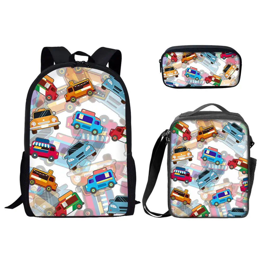 Mochila con patrón de coches de dibujos animados para niños, conjuntos de mochilas escolares para niños, mochila informal de 3 piezas para estudiantes de primaria, regalos para la escuela, bolsa para libros