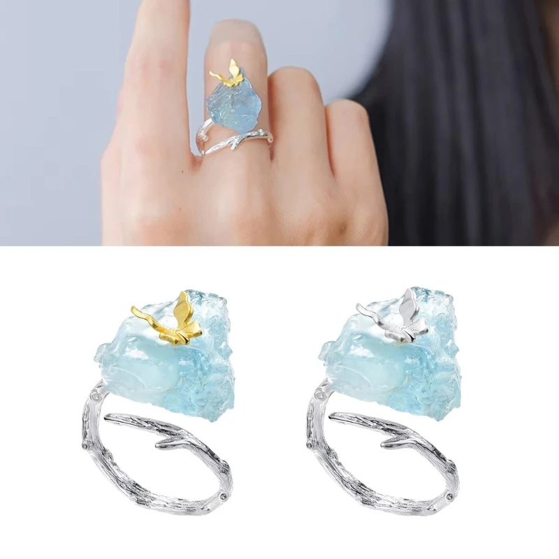 

Adjustable Aquamarine Butterfly Ring with Big Gemstones Natural Stone Finger Jewelry Accessory for Elegant Women Y08E
