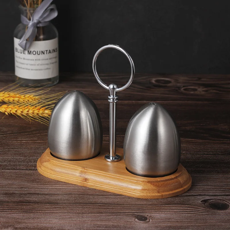 Restaurant New Decorative Egg Shape Stainless Steel Rack Salt and Pepper Shaker Set