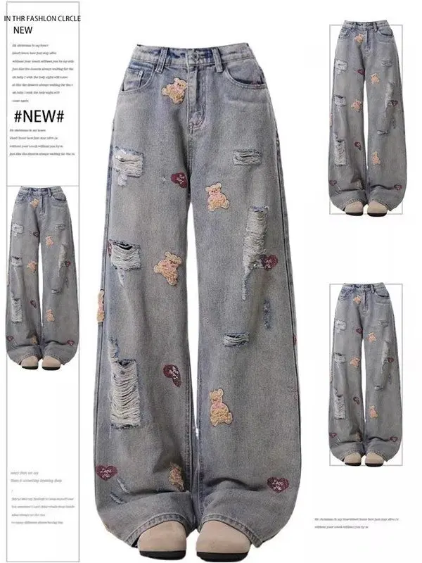 High Waist Denim Jeans Women's Fall New Style 2026 American High Street plus Size Fat MM Bear Embroidery Design Wide Leg Pants