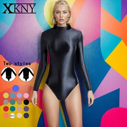 XCKNY One piece swimsuit women's sexy tight front  back zipper two style high slit sexy glossy long sleeve Swimsuit Bottom coat