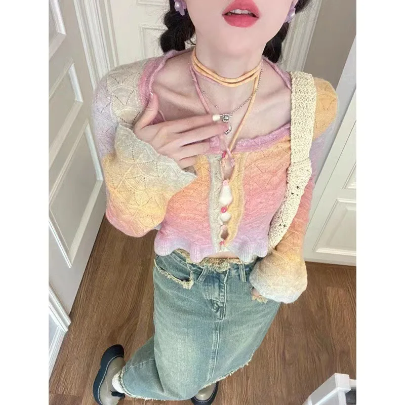 

Short Hollow Flare Sleeve Rainbow Knit Cardigan Pull Femme Korean Fashion Aesthetics Grunge Crop Sweater Tops Halter