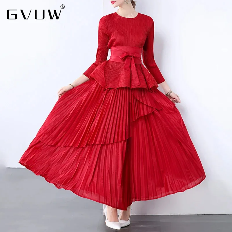 GVUW Pleated Two Piece Sets Women Irregular Hem Round Collar Lace-up Top + A Line Loose Skirt New 2025 Female Set 17G8835