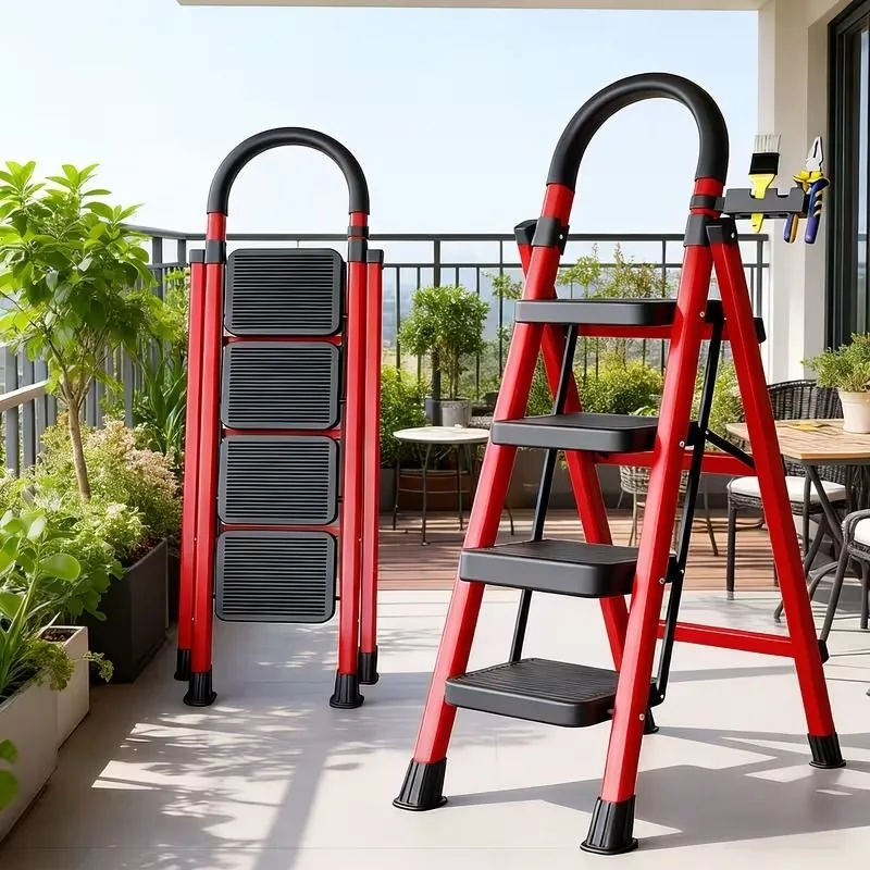 Heavy Duty 500 lbs Folding Step Ladder, Steel Step Portable Foldable 5‑Tier Household Step Ladder Thick Steel Frame Non‑Slip Rubber Feet Ergonomic Curved Handrail Tool Storage Hook Multi‑Use Step Stool for Cleaning Outdoor Gardening Home Maintenance