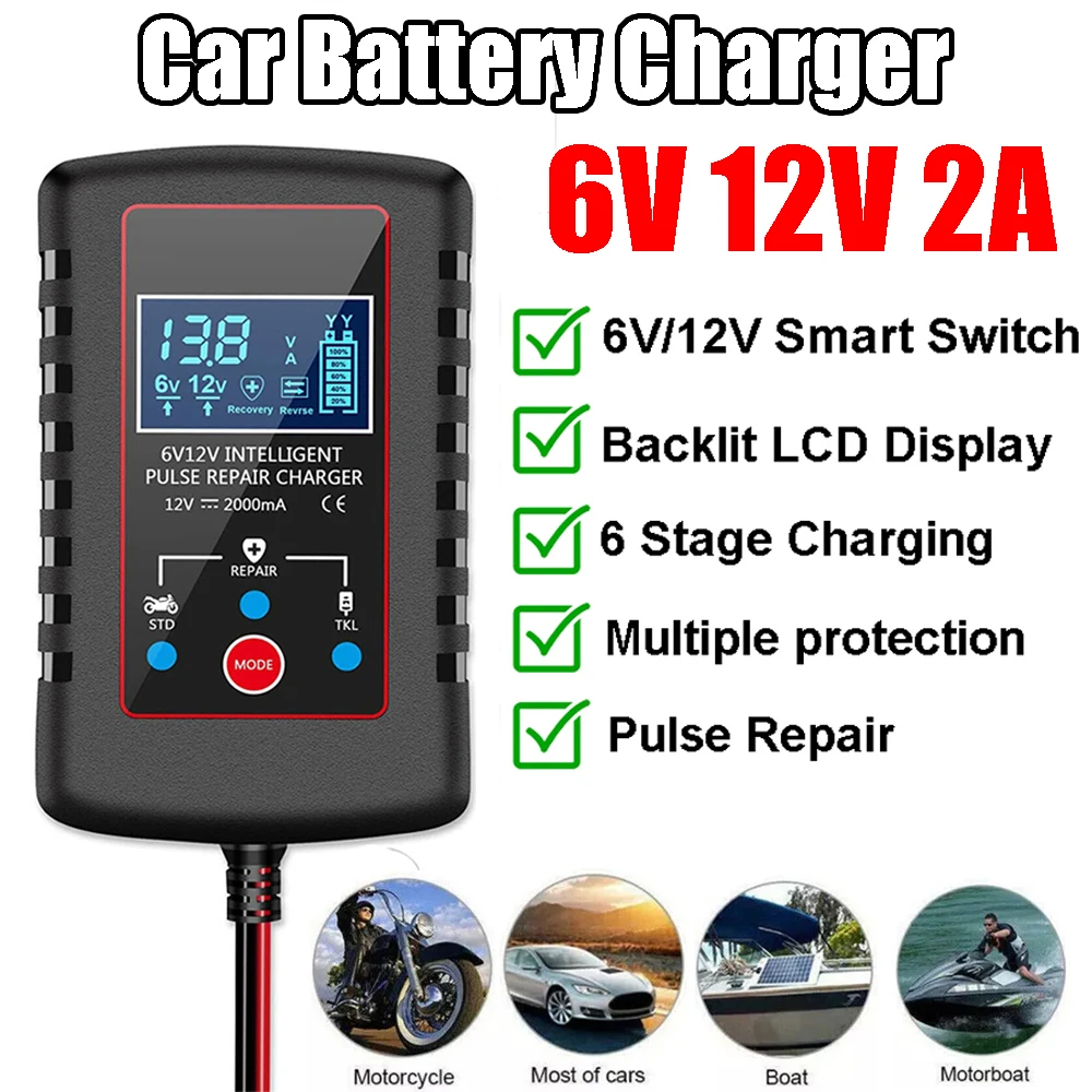 

6V 12V 2A Car Smart Battery Charger Automobile ASE Adapter Cable For Motorcycle Children Toy Lawn Mower Battery Charger EU Plug