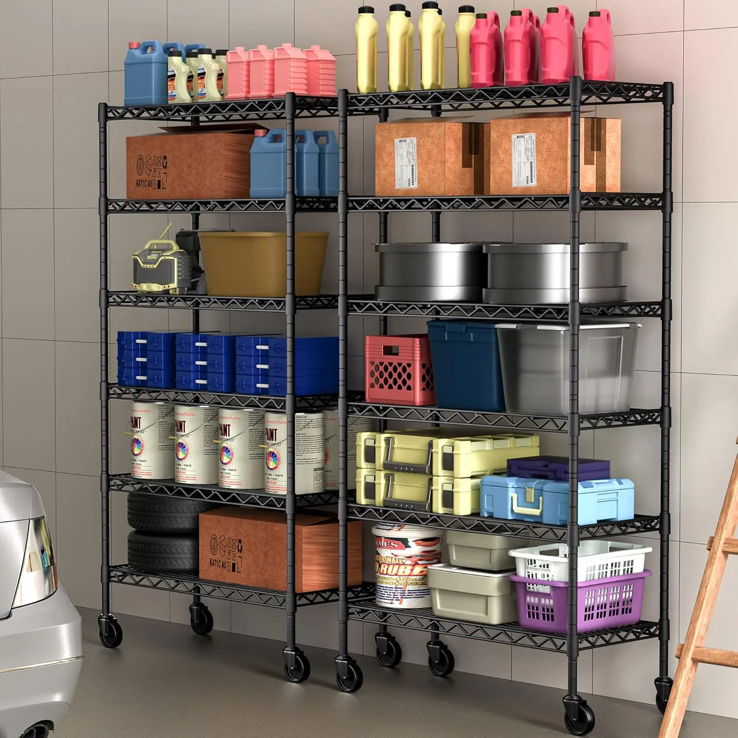 

6 Tier Heavy Duty Garage Storage Ra With Wheels,Adjustable Wall Mounted Storage Rack,1800 Lb. Load Bearing Metal Wire Shelving