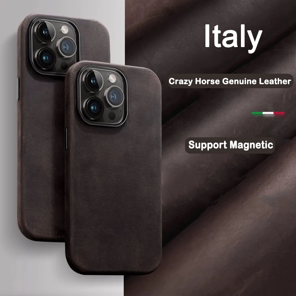 

100% Italian Genuine Cowhide Leather Case for iPhone 14 15 16 Pro Max MagSafe Oil Wax Crazy Horse Cover Magnetic Phone Cases