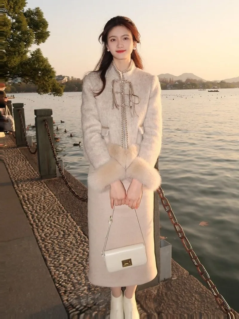 New Chinese Woolen Jacket Skirt Two-piece Set Women Plush Splice Stand Collar Bright Line Korean Celebrity Soft Winter Slim Suit