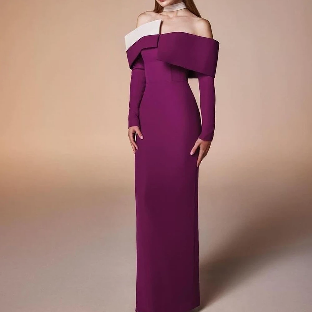 

Customized Temperament Contrast Color Pleat Boat Neck Floor Length платье вечернее Straight Jersey Long Sleeves Off The Shoulder