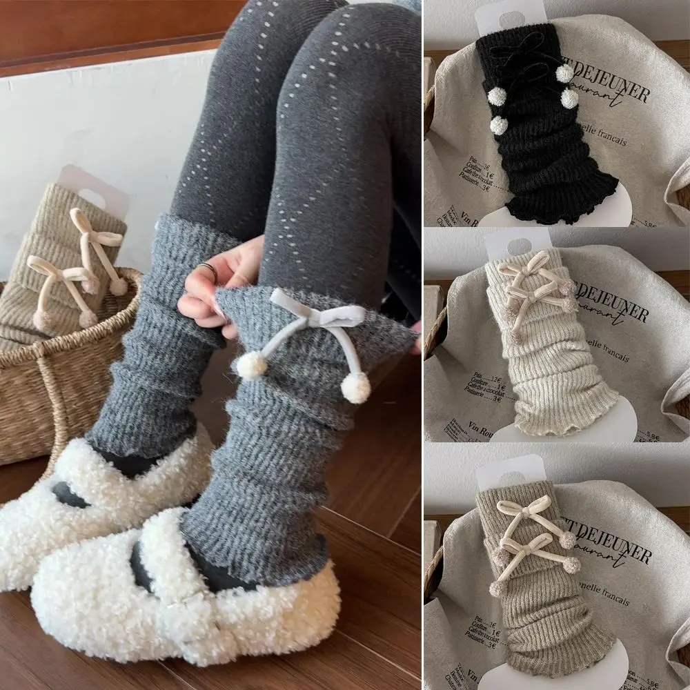 

Solid Color Lolita Leg Warmers Thickened Warm Foot Cover Knitted Foot Cover Bowknot Decoration Heap Socks Cold Weather