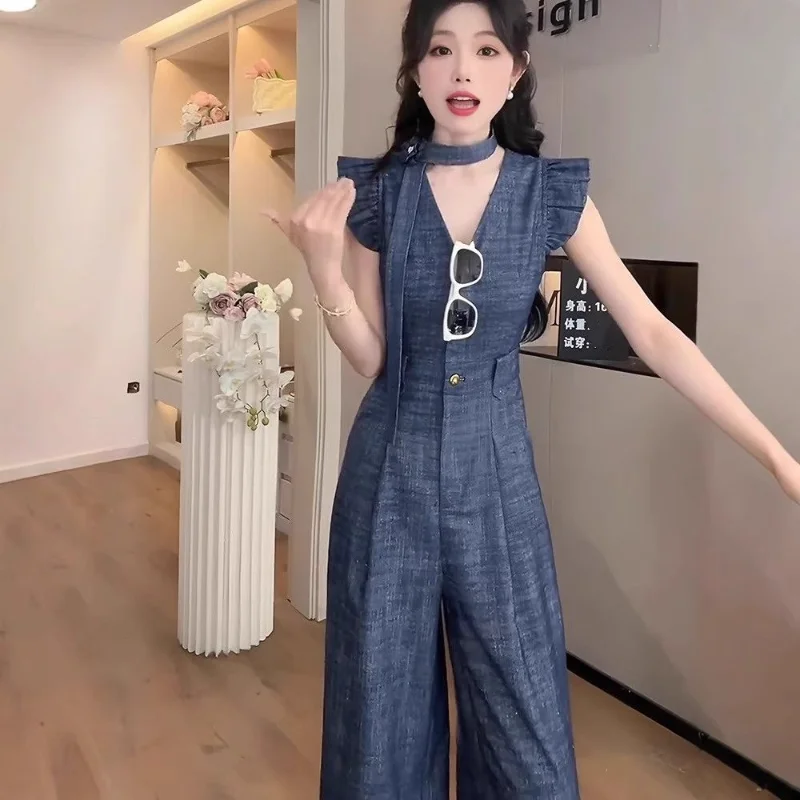 

One-piece Jeans for Summer Style New Style of Flying Sleeves Straight Wide-leg Trousers Free Belt