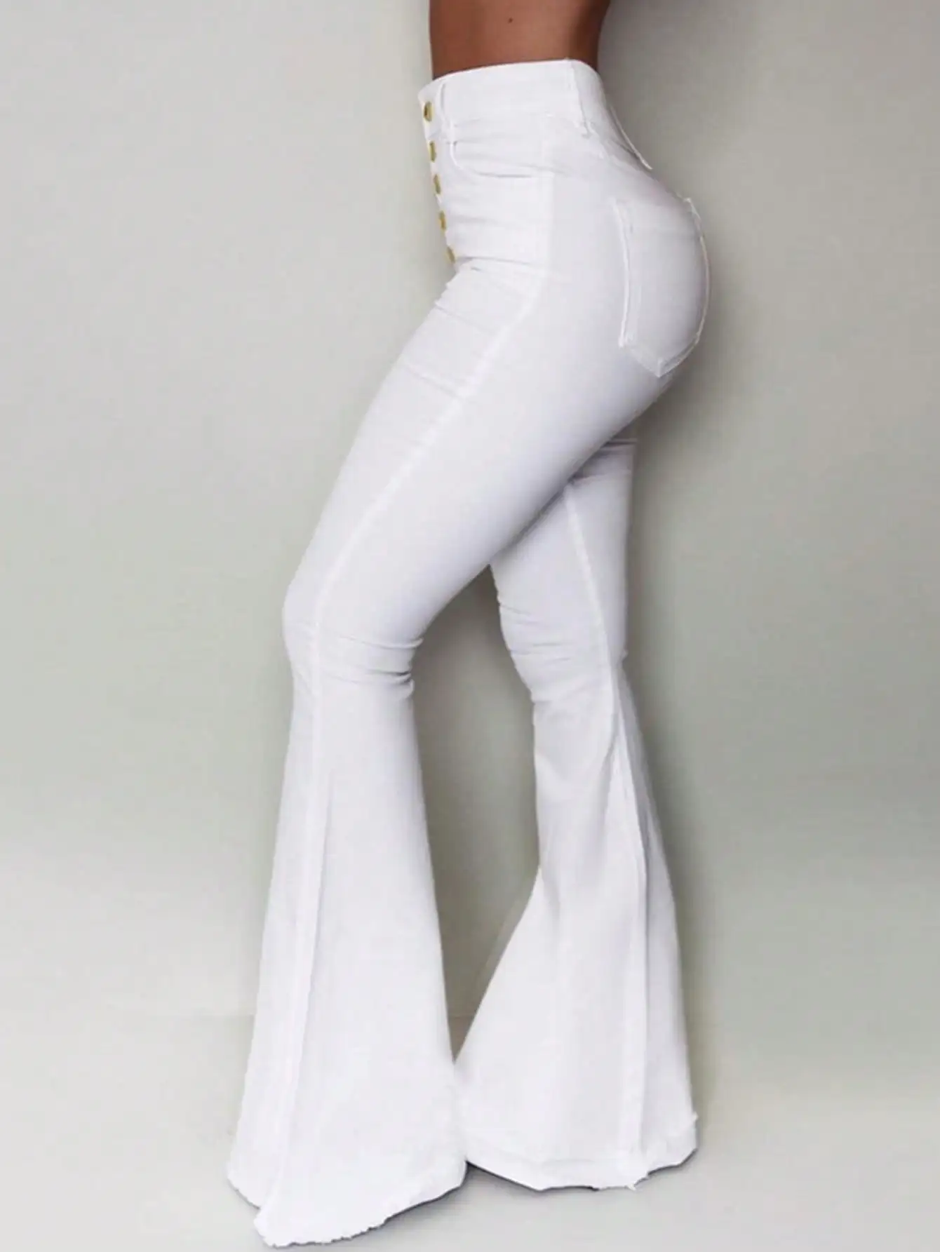 WGXWGX  Women's High Waisted White Flare Jeans Trendy Gold Button Stretch Denim Frayed Hem Full Length Pants 2025 Style