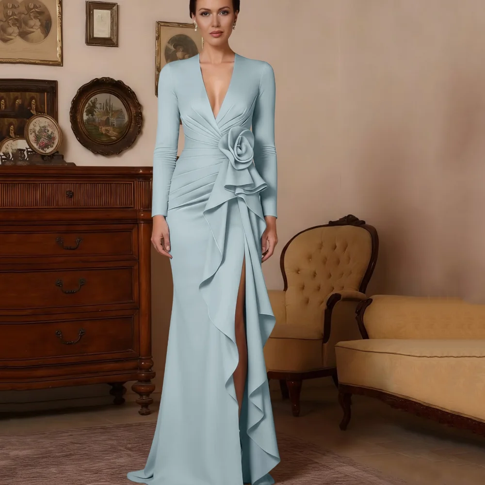 Mother of the Wedding Dress Customized Mermaid Chiffon Formal Gown V Neck Long Sleeve Evening robe invite mariage