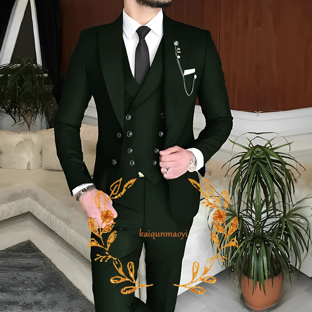 

Men Suits Slim Fit 3 Pieces Peak Lapel Dark Green Classic Men Wedding Suits Groom Tuxedo (Blazer+Vest+Pants) Costume Homme