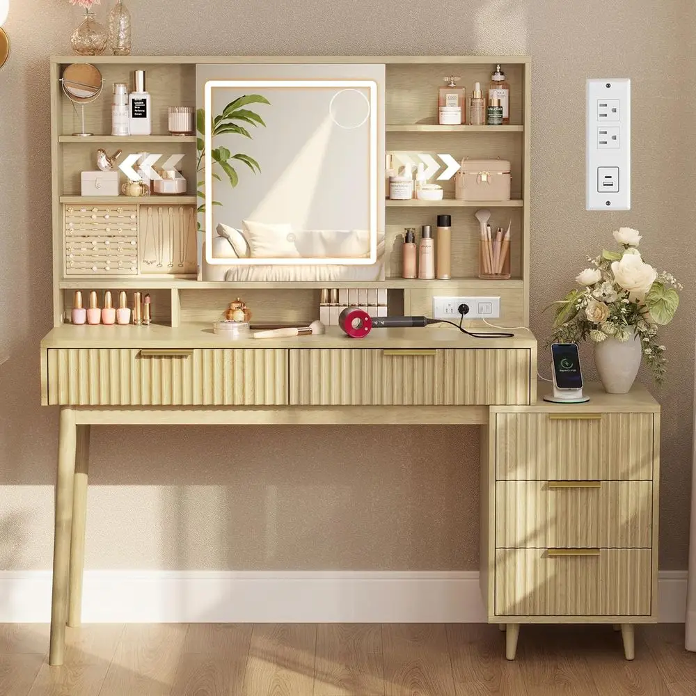 

VASAGLE MAXE Collection - Vanity Desk with Sliding Mirror and Lights, Century ern luted Makeup Vanity with 10x Magniying Mirror,