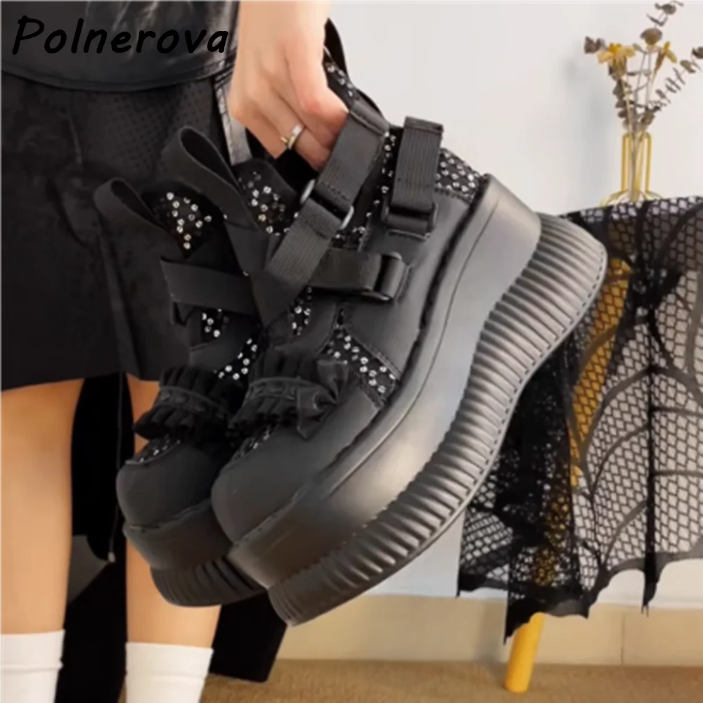 

Air Mesh Black Tank Pumps Bling Thick Soled Lace Round Toe Buckle Strap Dress Shoes Dark Punk Leather Women's Vocation Shoes