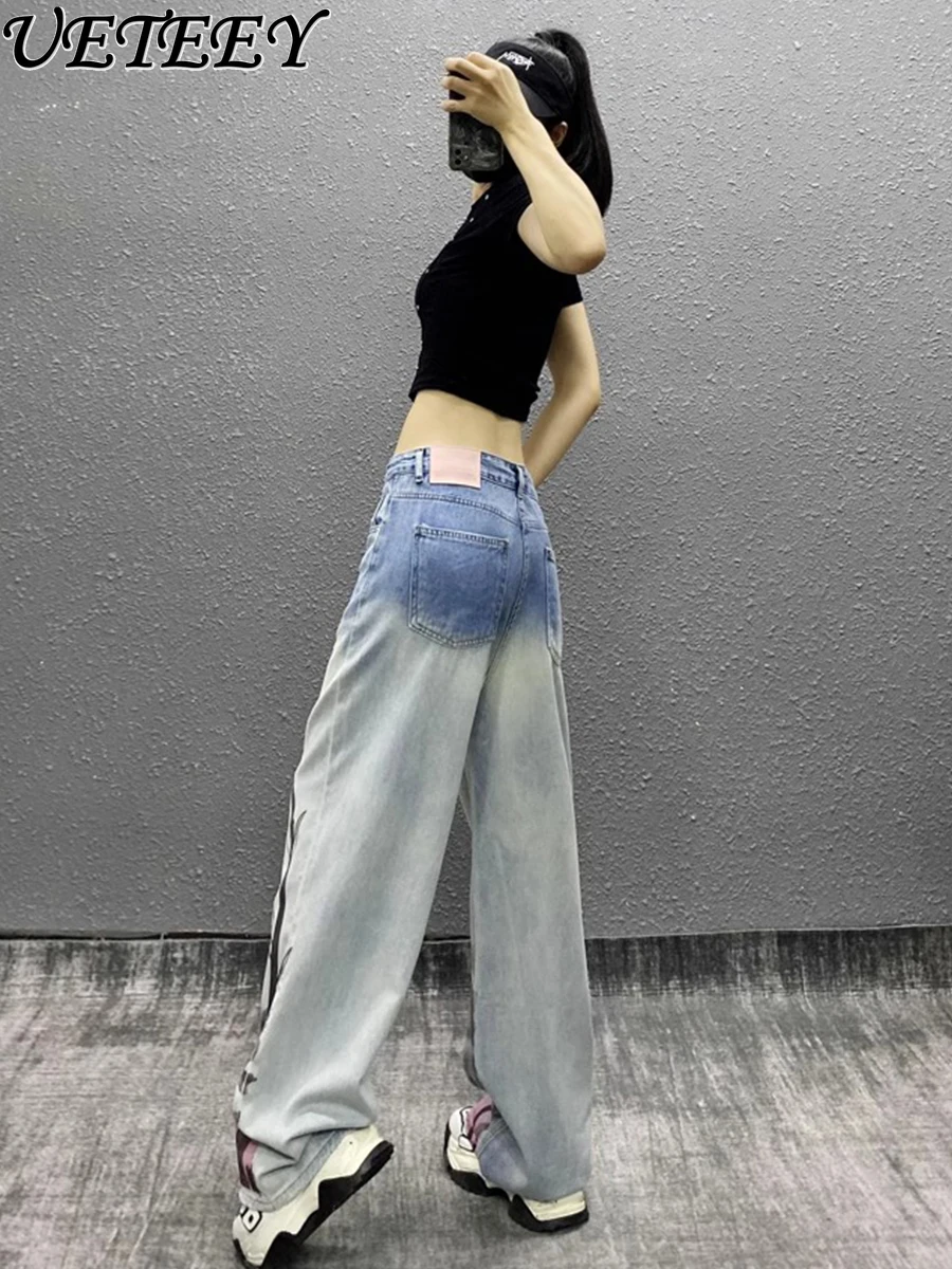 American Retro Ink Printing Color Matching Wide-leg Baggy Jeans Women's Autumn Winter New Loose Straight Mopping Denim Pants