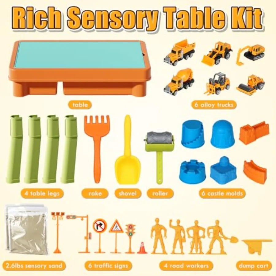 Sensory Table with Sensory Sand, Sensory Bin with Lid & 2.6lbs Play Sand, Construction Kit with 6 Alloy Trucks & Castle Molds, S