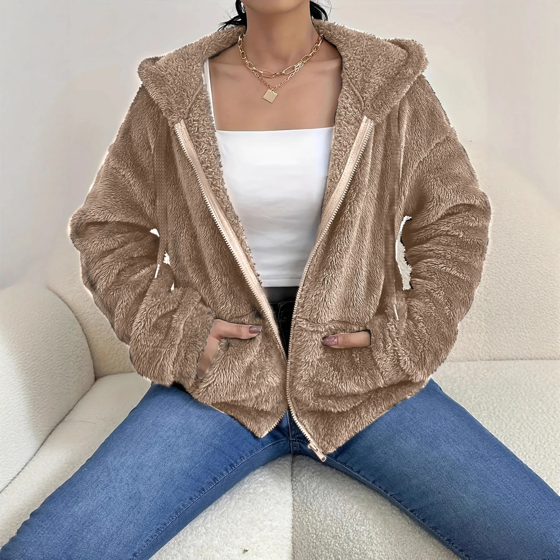 Oberbekleidung Winter Warm Plush Solid Color Jacket Women's Long Sleeve Pocket Zipper Hooded Jacket Ropa De Invierno Para Mujer