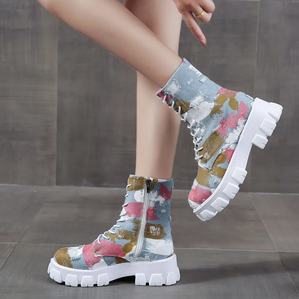 

Womens Denim Ankle Short Boots Lace Up Mixed Color Fashion Comfortable Camouflage Canvas Shoes Woman Graftti Motorcycle