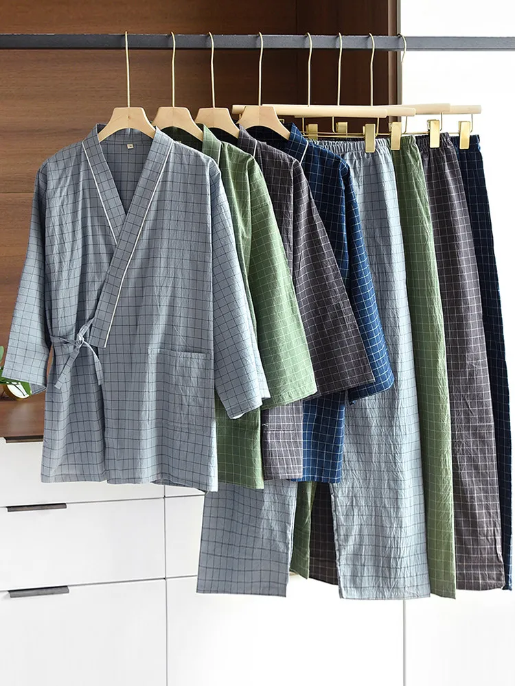 Japanese Long Sleeve Kimono Pajamas Set 100% Cotton Yukata Loose Men's and Women's Sweat Steaming Suit Home Steaming Suit