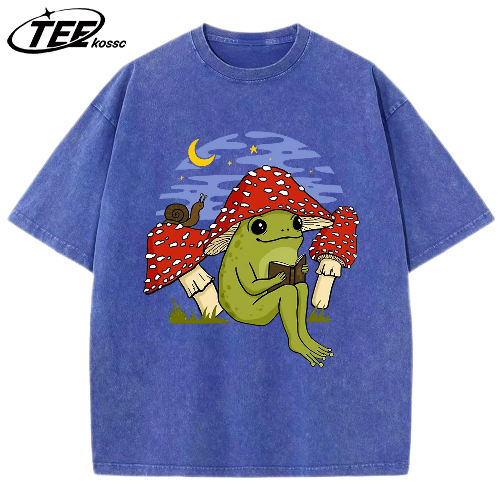 

Cute Frog Mushroom Hat Reading Book Print Men Washed T-Shirts Hip Hop Cotton T-Shirt Vintage Loose Tops Casual Summer Clothes