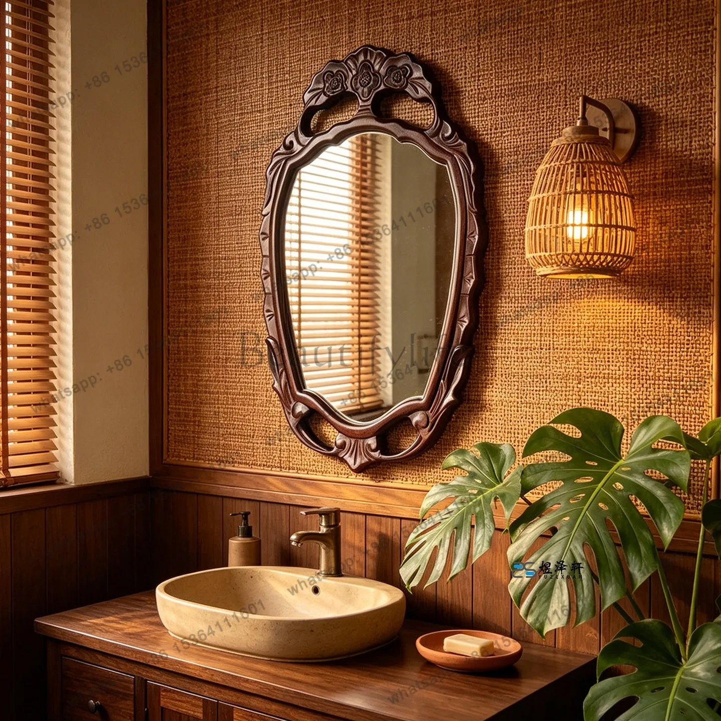 Wabi Sabi retro bathroom mirror new Chinese special-shaped carved makeup mirror