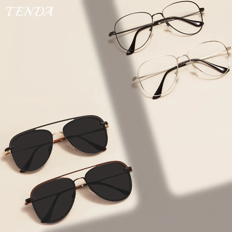 Men And Women Metal Pilot Glasses Frame Oval Fashion Full Rim Spectacle With Clip On Sunglasses For Optical Prescription Lenses