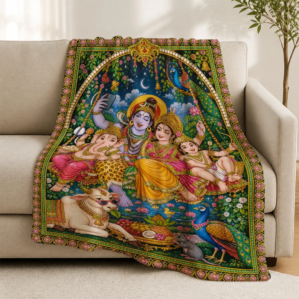 Divine Hindu Krishna Radha Art Sofa Throw Blanket Cushion Cover Indian Tapestry Mythological Spiritual Home Decor