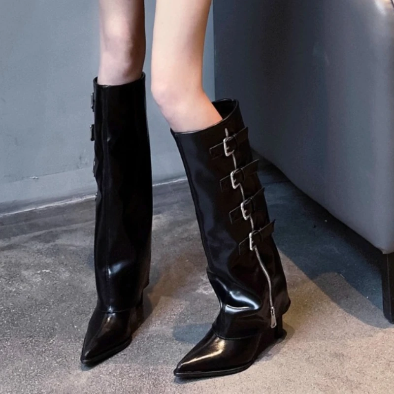 

Punk Style Women Gladiator High Boots 2025 Pointed Trend Women's Shoes Winter New Mid-tube Thick-soled Designer Motorcycle Boots